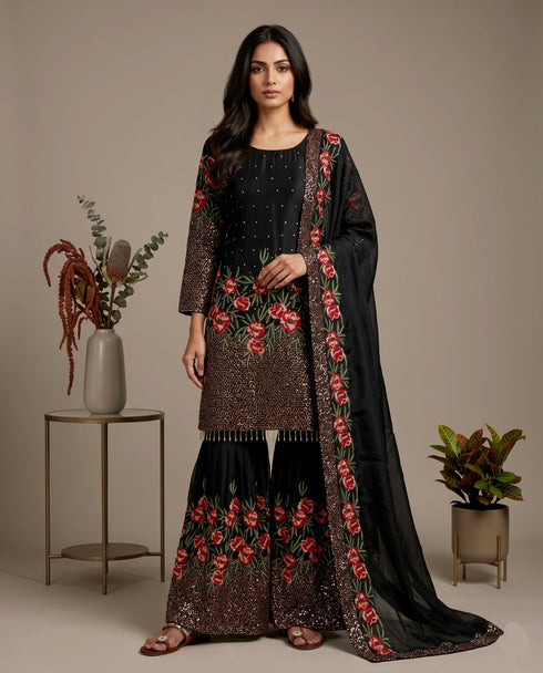 Black Pure Fendy Silk Elegant Salwar Suit - Front View | Samyak Fashion