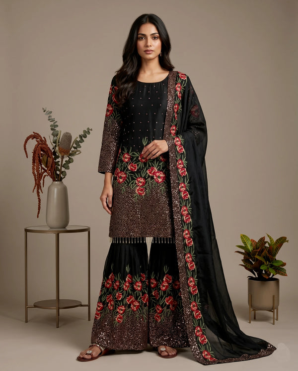 Black Pure Fendy Silk Elegant Salwar Suit - Front View | Samyak Fashion
