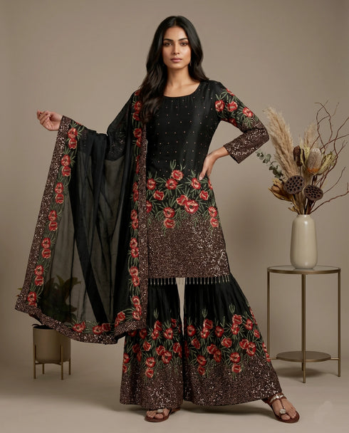 Black Pure Fendy Silk Elegant Salwar Suit - Back View | Samyak Fashion