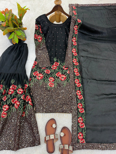 Black Pure Fendy Silk Elegant Salwar Suit - Side View | Samyak Fashion