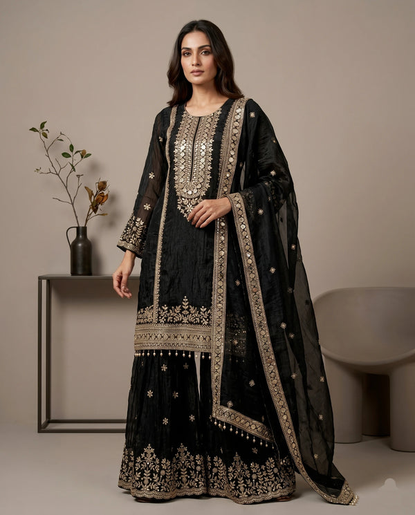 Black Pure Fendy Silk Elegant Salwar Suit - Front View | Samyak Fashion