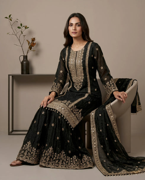 Black Pure Fendy Silk Elegant Salwar Suit - Back View | Samyak Fashion