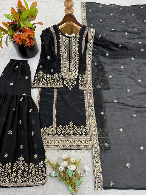 Black Pure Fendy Silk Elegant Salwar Suit - Side View | Samyak Fashion