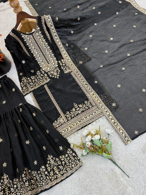 Black Pure Fendy Silk Elegant Salwar Suit - Detail View | Samyak Fashion