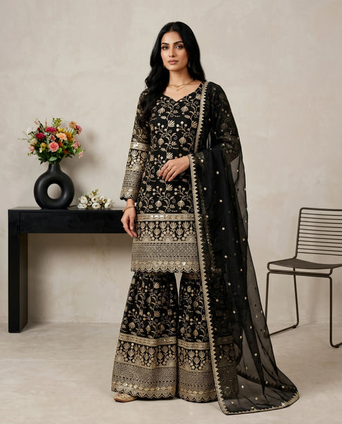 Black Pure Gmy Silk Elegant Salwar Suit - Front View | Samyak Fashion