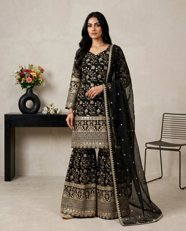 Black Pure Gmy Silk Elegant Salwar Suit - Front View | Samyak Fashion
