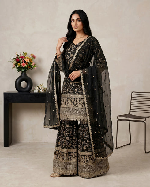 Black Pure Gmy Silk Elegant Salwar Suit - Back View | Samyak Fashion