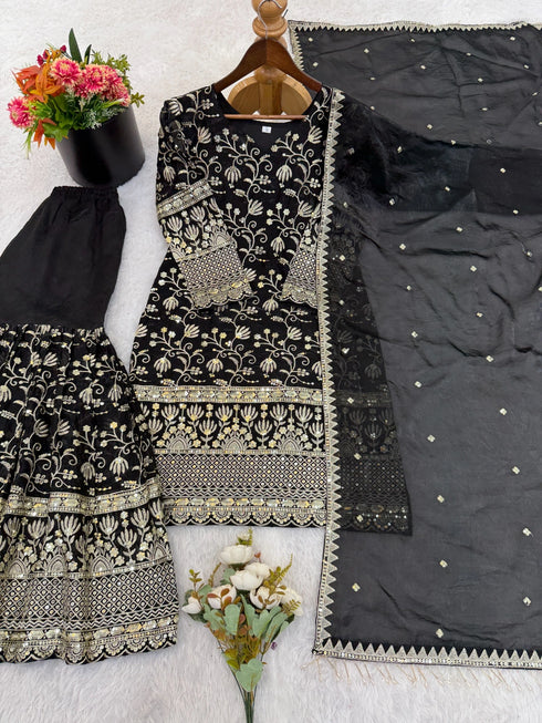 Black Pure Gmy Silk Elegant Salwar Suit - Side View | Samyak Fashion