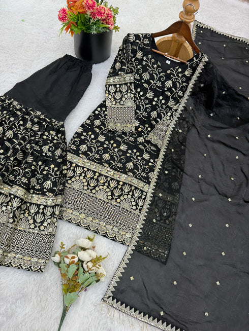 Black Pure Gmy Silk Elegant Salwar Suit - Detail View | Samyak Fashion