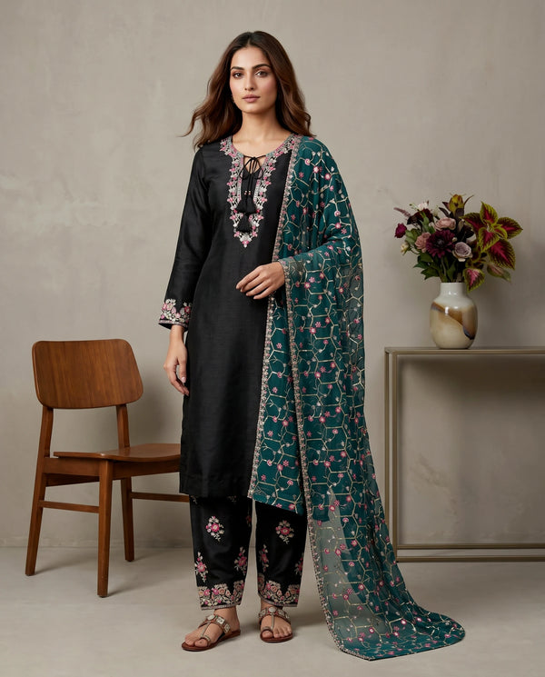 Black Pure Heavy Roman Glass Silk Elegant Salwar Suit - Front View | Samyak Fashion