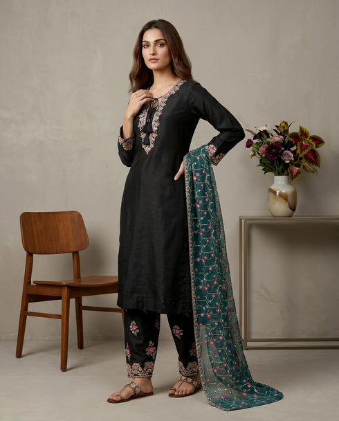 Black Pure Heavy Roman Glass Silk Elegant Salwar Suit - Back View | Samyak Fashion