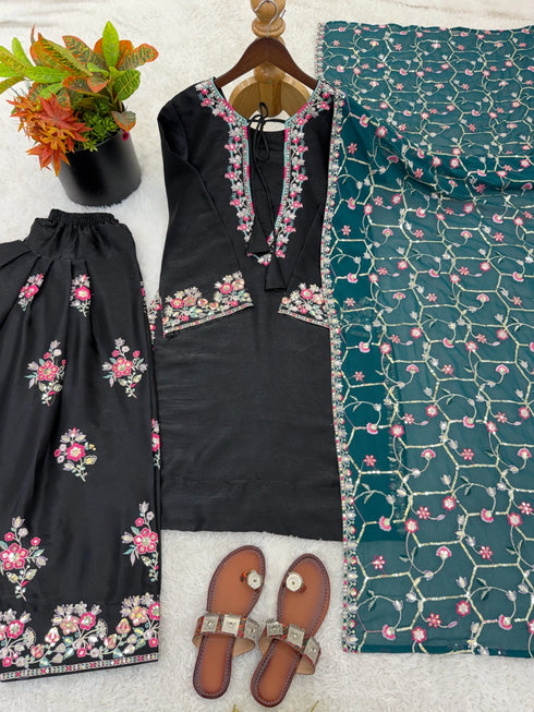 Black Pure Heavy Roman Glass Silk Elegant Salwar Suit - Side View | Samyak Fashion