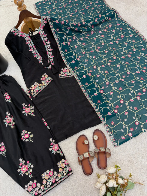 Black Pure Heavy Roman Glass Silk Elegant Salwar Suit - Detail View | Samyak Fashion