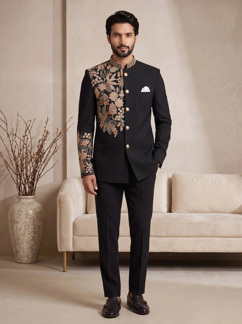 Black Pure Lachka Mens Men's Jodhpuri - Front View | Samyak Fashion