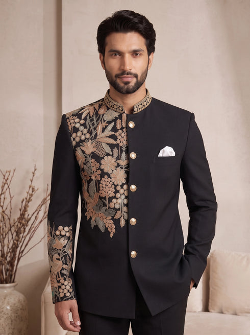 Black Pure Lachka Mens Men's Jodhpuri - Close-up View | Samyak Fashion