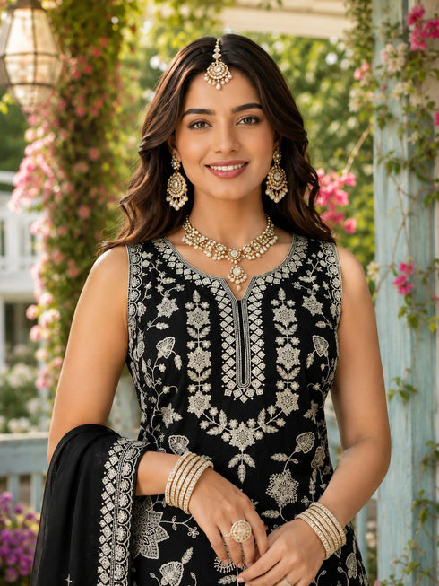 Black Real Premium Chiffon Salwar Suit - Back View | Samyak Fashion
