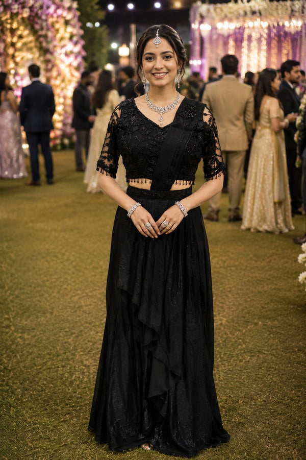 Black Real Premium Fandy Satin Party Wear Saree With Blouse - Front View | Samyak Fashion