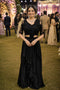 Black Real Premium Fandy Satin Party Wear Saree With Blouse - Front View | Samyak Fashion