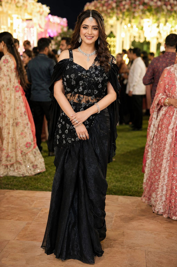 Black Real Premium Fandy Satin Party Wear Saree With Blouse - Front View | Samyak Fashion