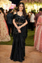 Black Real Premium Fandy Satin Party Wear Saree With Blouse - Front View | Samyak Fashion