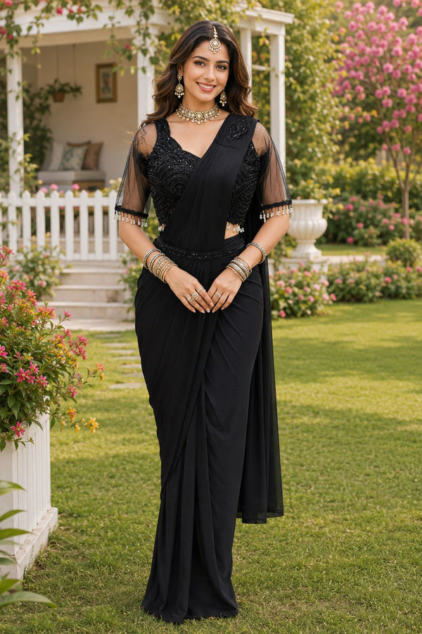 Black Real Premium Lycra Saree With Blouse - Front View | Samyak Fashion