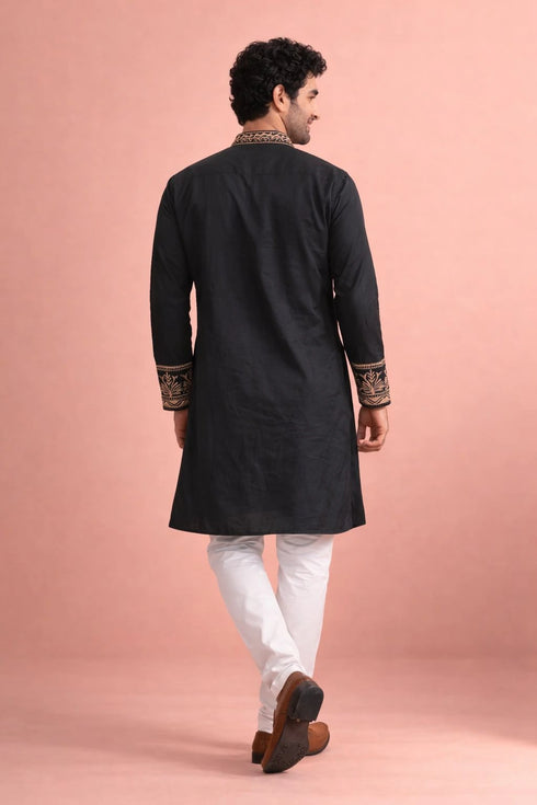 Black Rolex Silk Mens Kurta With Payjama - Back View | Samyak Fashion