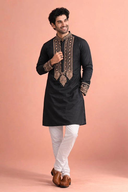 Black Rolex Silk Mens Kurta With Payjama - Detail View | Samyak Fashion