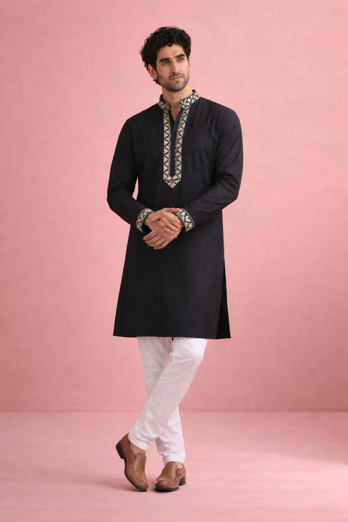 Black Rolex Silk Mens Kurta With Payjama - Front View | Samyak Fashion