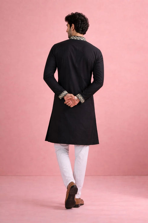 Black Rolex Silk Mens Kurta With Payjama - Back View | Samyak Fashion
