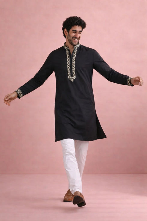 Black Rolex Silk Mens Kurta With Payjama - Side View | Samyak Fashion