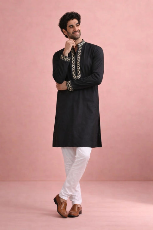 Black Rolex Silk Mens Kurta With Payjama - Detail View | Samyak Fashion