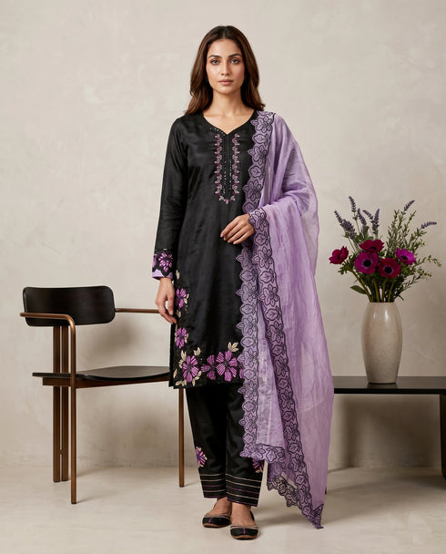 Black Roman Glass Silk Elegant Salwar Suit - Front View | Samyak Fashion