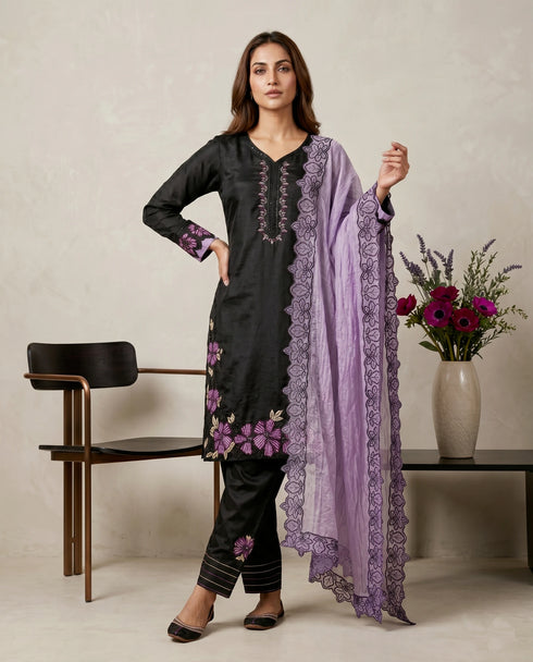 Black Roman Glass Silk Elegant Salwar Suit - Back View | Samyak Fashion