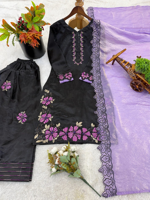 Black Roman Glass Silk Elegant Salwar Suit - Detail View | Samyak Fashion