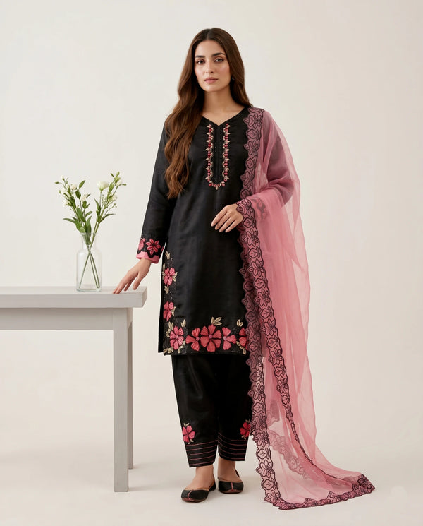 Black Roman Glass Silk Elegant Salwar Suit - Front View | Samyak Fashion