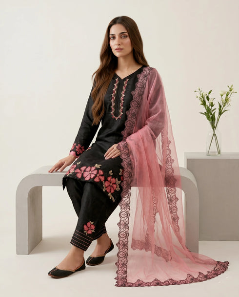 Black Roman Glass Silk Elegant Salwar Suit - Back View | Samyak Fashion