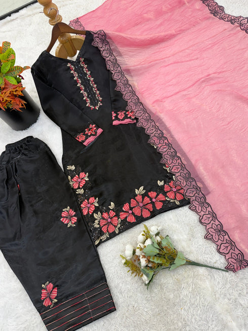 Black Roman Glass Silk Elegant Salwar Suit - Side View | Samyak Fashion
