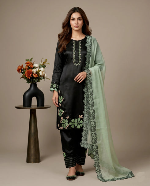Black Roman Glass Silk Elegant Salwar Suit - Front View | Samyak Fashion