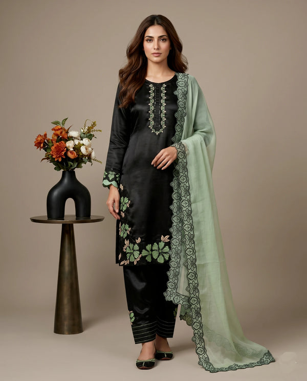 Black Roman Glass Silk Elegant Salwar Suit - Front View | Samyak Fashion