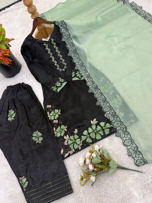 Black Roman Glass Silk Elegant Salwar Suit - Side View | Samyak Fashion