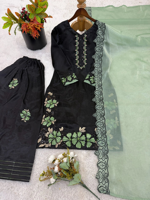 Black Roman Glass Silk Elegant Salwar Suit - Detail View | Samyak Fashion