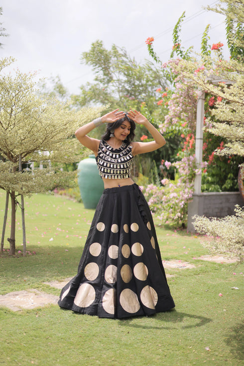 Black Roman Silk Lahenga Choli - Front View | Samyak Fashion