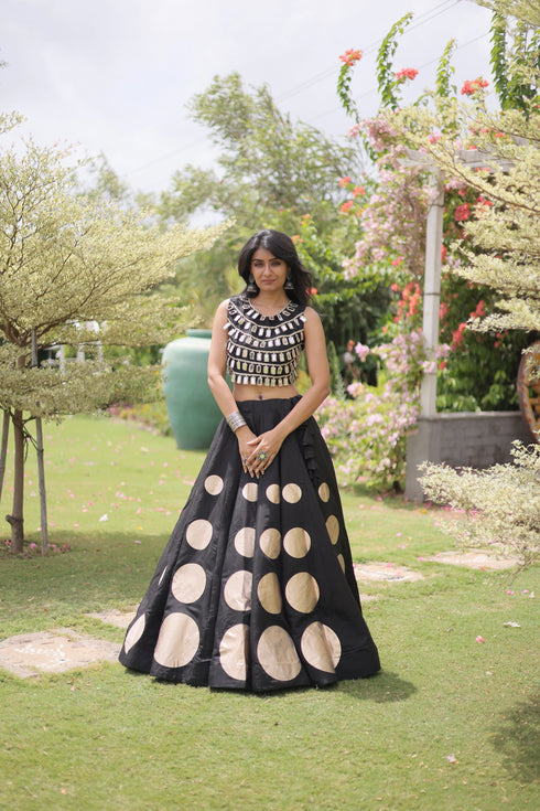 Black Roman Silk Lahenga Choli - Detail View | Samyak Fashion
