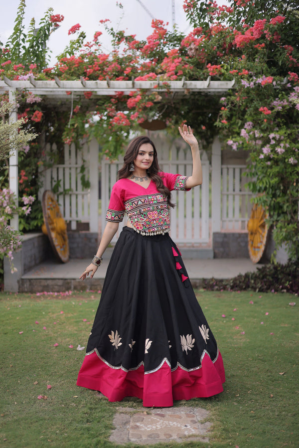 Black Roman Silk Lehenga Choli - Front View | Samyak Fashion