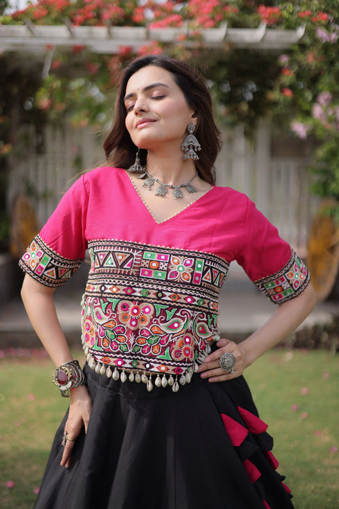 Black Roman Silk Lehenga Choli - Side View | Samyak Fashion