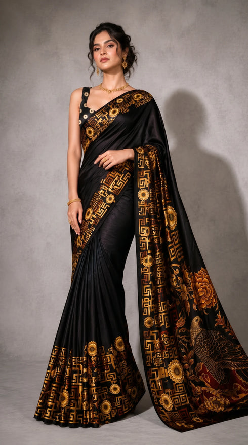 Black Satin Saree With Blouse - Front View | Samyak Fashion