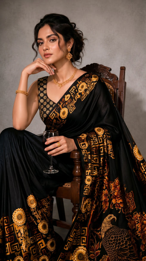 Black Satin Saree With Blouse - Side View | Samyak Fashion