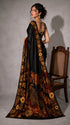 Black Satin Saree With Blouse - Detail View | Samyak Fashion