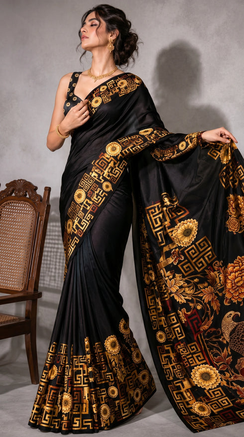 Black Satin Saree With Blouse - Close-up View | Samyak Fashion