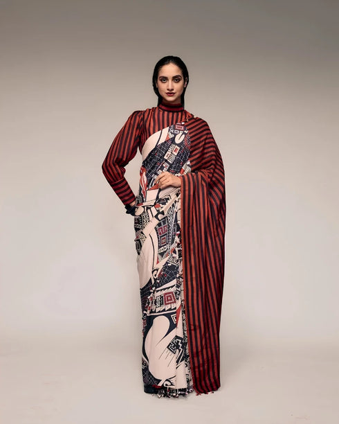 Black Satin Saree With Blouse - Front View | Samyak Fashion